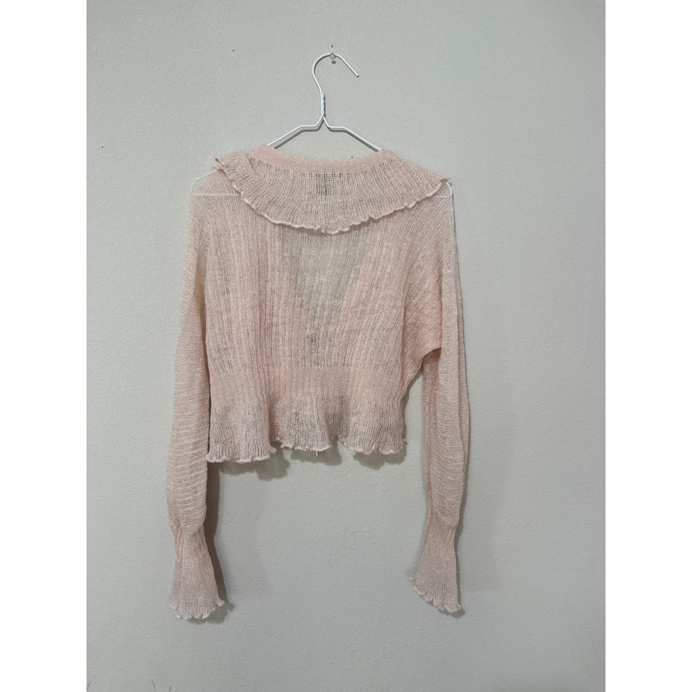 Pink Open Knit Angora Blend Tie Front Cardigan Ruffles Women's Large Coquette - Picture 3 of 5